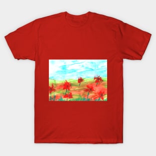 Beautiful bright landscape with red flowers, abstraction. Art, painting. Encaustic, art decoration, sketch. Illustration hand drawn modern, hot wax T-Shirt
